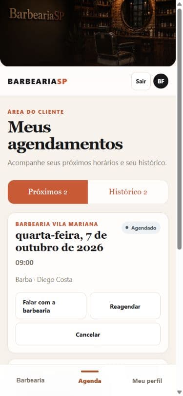 Área do cliente no BarbeariaSP, com dados fictícios da Barbearia Vila Mariana