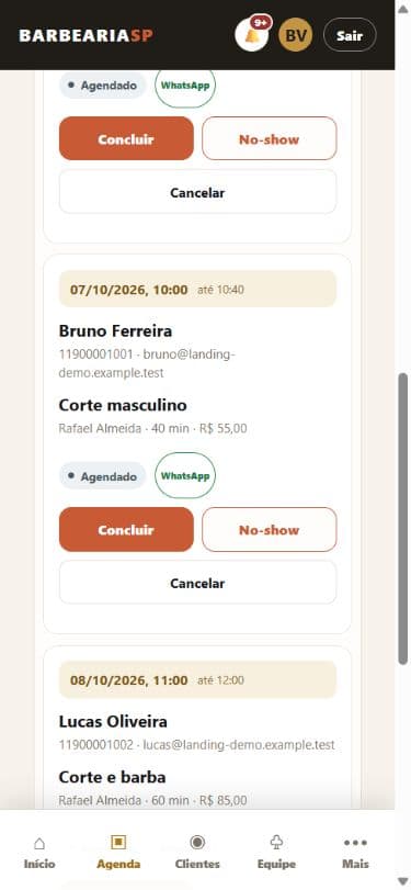 Agenda da barbearia no BarbeariaSP, com dados fictícios da Barbearia Vila Mariana