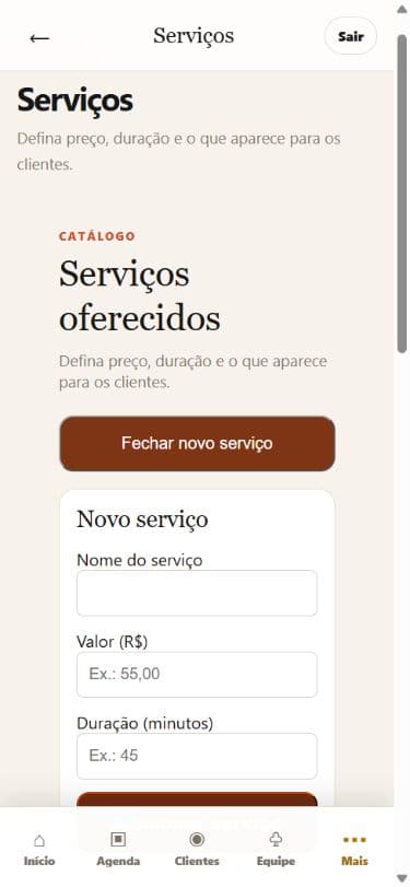 Cadastro de serviço no BarbeariaSP, com dados fictícios da Barbearia Vila Mariana
