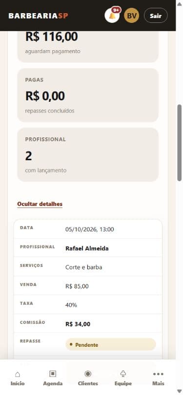 Detalhe da comissão no BarbeariaSP, com dados fictícios da Barbearia Vila Mariana
