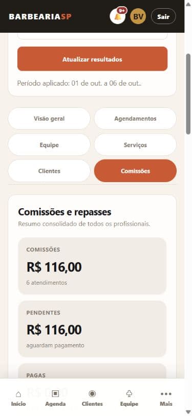 Comissões e repasses no BarbeariaSP, com dados fictícios da Barbearia Vila Mariana