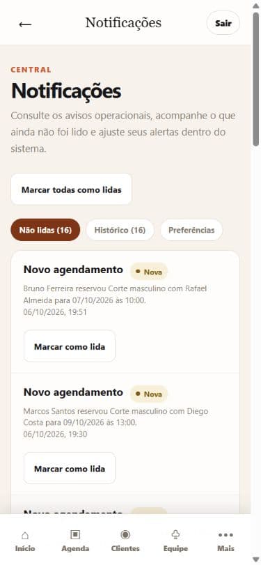 Notificações no BarbeariaSP, com dados fictícios da Barbearia Vila Mariana