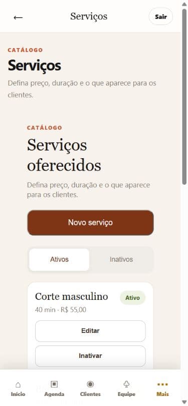 Catálogo de serviços no BarbeariaSP, com dados fictícios da Barbearia Vila Mariana