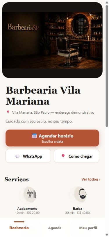Página da barbearia no BarbeariaSP, com dados fictícios da Barbearia Vila Mariana