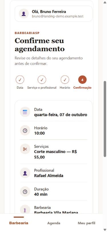Revisão da reserva no BarbeariaSP, com dados fictícios da Barbearia Vila Mariana