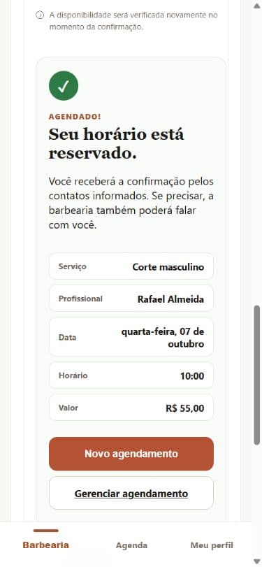 Agendamento confirmado no BarbeariaSP, com dados fictícios da Barbearia Vila Mariana