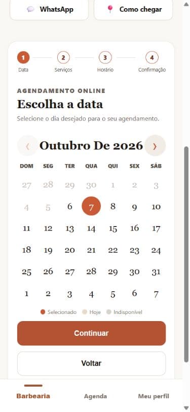 Escolha da data no BarbeariaSP, com dados fictícios da Barbearia Vila Mariana
