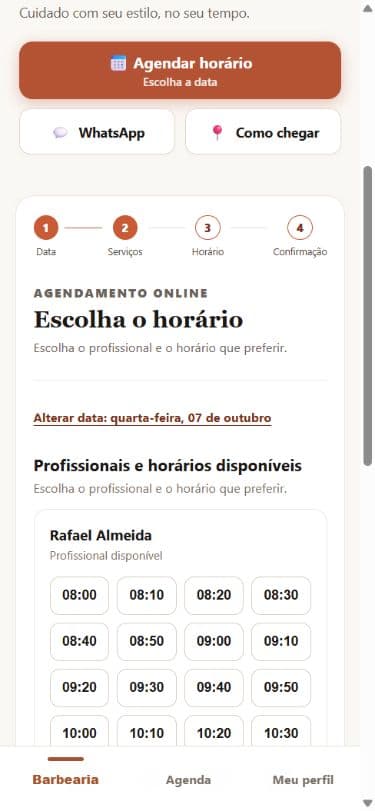 Escolha do horário no BarbeariaSP, com dados fictícios da Barbearia Vila Mariana