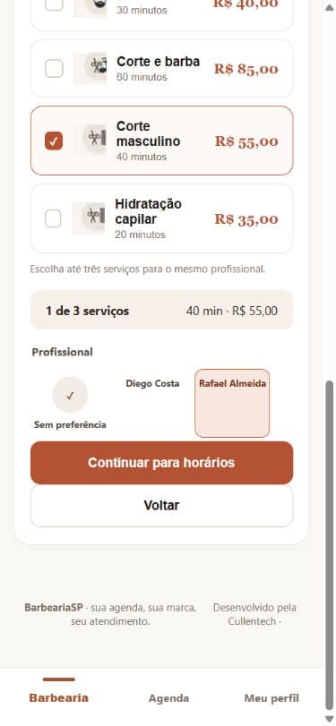 Serviços e profissional no BarbeariaSP, com dados fictícios da Barbearia Vila Mariana